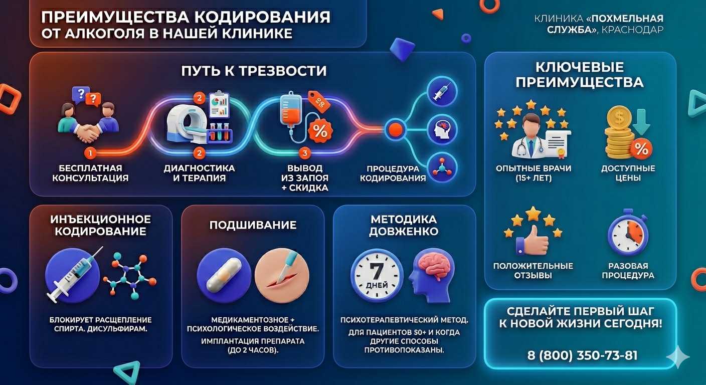 Инфографика о методах кодирования от алкоголя в Старом Крыме: инъекции, подшивание, метод Довженко. Преимущества клиники и этапы лечения.