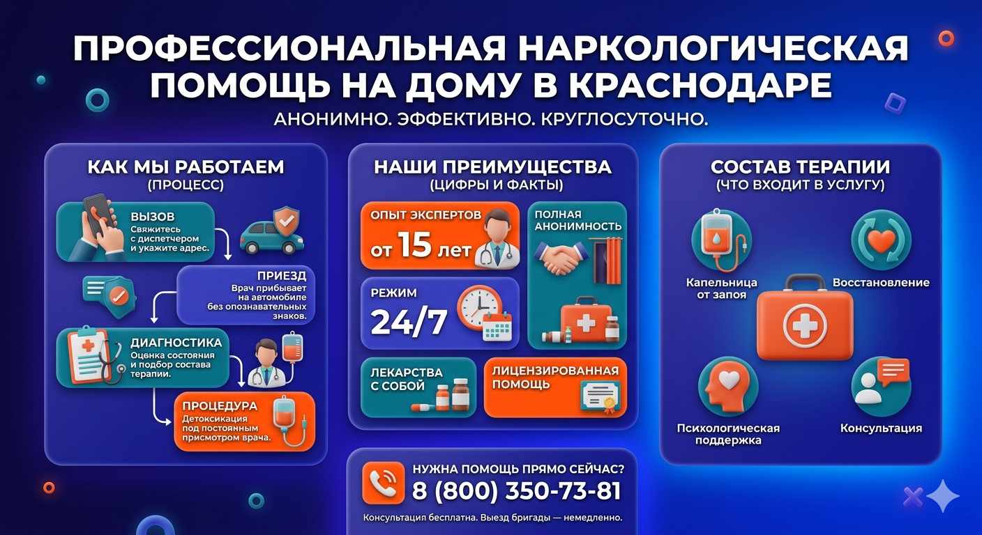 Инфографика о принципах лечения алкоголизма на дому в Старом Крыме: этапы вызова нарколога, преимущества анонимной детоксикации и состав медицинской помощи.